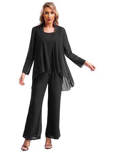 TiaoBug Damen Festlich Chiffon Anzug Set Tank Top + Langarm Cardigen + Lange Hose Weites Bein Anzughose Brautmutter Hosenanzüge für Hochzeit Schwarz 3XL von TiaoBug