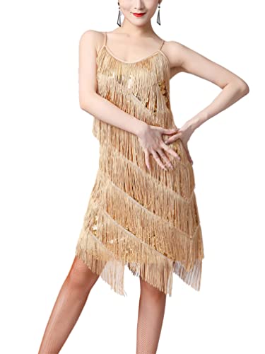 TiaoBug Damen Festlich Fransen Kleid Ärmellos Cocktail Partykleid 1920s Charleston Kleid Flapper Tanzkleid Abendkleid Gold B 3XL von TiaoBug