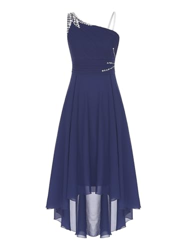 TiaoBug Damen Festliche Kleider Pailletten EIN-Schulter Brautjungfernkleid Sommer Schulterfrei Chiffonkleid Asymmetrische Hochzeitskleider Brautkleider Festzug Outfits Dunkelblau 46 von TiaoBug