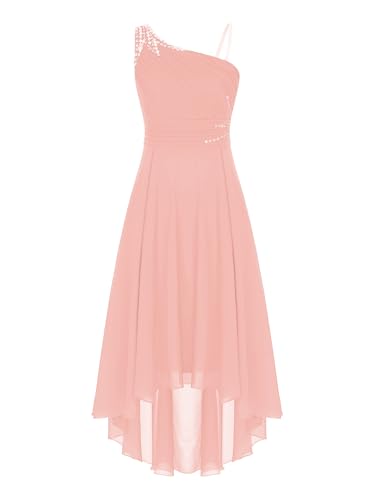 TiaoBug Damen Festliche Kleider Pailletten EIN-Schulter Brautjungfernkleid Sommer Schulterfrei Chiffonkleid Asymmetrische Hochzeitskleider Brautkleider Festzug Outfits Rosa 40 von TiaoBug