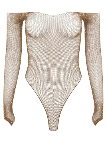 TiaoBug Damen Fishnet Body Schulterfrei Bodysuit mit Glitzer Strasssteine Langarm Jumpsuit Overall Kurz mit Hoher Beinausschnitt Thong Transparent Nachtwäsche Clubwear Hautfarbe Einheitsgröße von TiaoBug