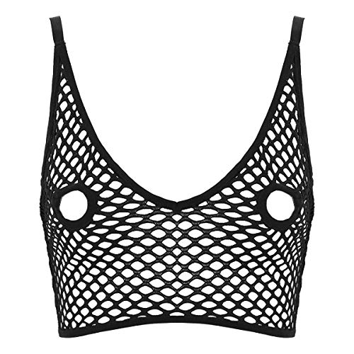 TiaoBug Damen Fishnet Bustier Tank Top Shirt mit Cut-Outs Nippelfrei BH Bra Erotik Dessous Sexy Lingerie Transparentes Netzoberteil in Schwarz Schwarz L von TiaoBug