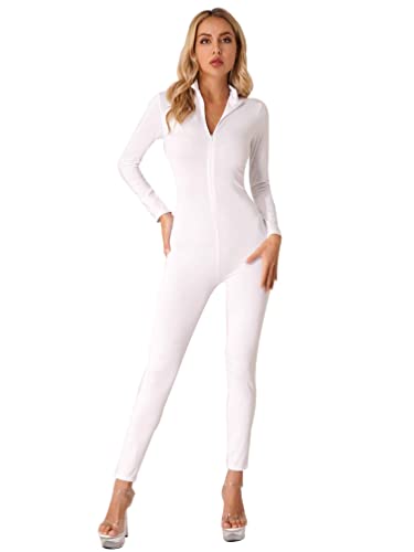 TiaoBug Damen Ganzkörperanzug Jumpsuit Einteiler Hose Overall Halb-transparent Body Bodysuit eng sexy Kostüm Catsuit mit Reisverschluss Dessous Unterwäsche Weiß Blickdicht XL von TiaoBug