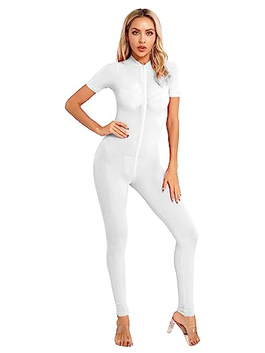 TiaoBug Damen Ganzkörperanzug Jumpsuit Einteiler Hose Overall Halb-transparent Body Bodysuit eng sexy Kostüm Catsuit mit Reisverschluss Dessous Unterwäsche Z Weiß L von TiaoBug