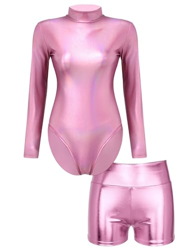 TiaoBug Damen Glänzend Ballettanzug Langarm Ballett Trikot Tanz Body Metallic Turnanzug Gymnastikanzug Dancewear Rosa mit Shorts G M von TiaoBug