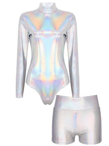 TiaoBug Damen Glänzend Ballettanzug Langarm Ballett Trikot Tanz Body Metallic Turnanzug Gymnastikanzug Dancewear Silber mit Shorts G L von TiaoBug