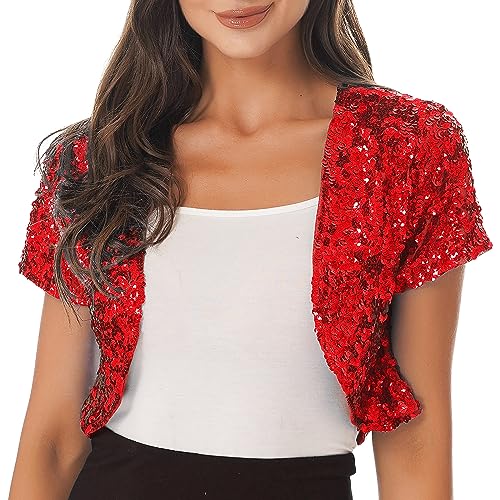 TiaoBug Damen Glänzend Pailletten Jacke Cardigan Kurzarm Pullover Bolero Tops kurz Oberteile eleganter Blazer Glitzer Party Outfits Clubwear Rot D M von TiaoBug