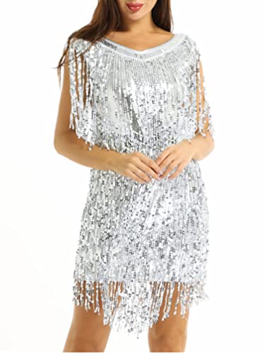 TiaoBug Damen Glitzer Paillettenkleid 1920er Jahre Flapper Kleider mit Quasten Latein Salsa Tango Tanzkleid Fasching Karneval Kostüm Silber B M von TiaoBug