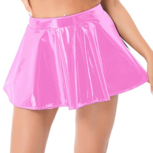 TiaoBug Damen Sexy Wetlook Rock High Waist Lack Leder Röcke Mini Glocken Skater Rock Glänzend Metallischer Faltenrock Clubwear Rosa G M von TiaoBug