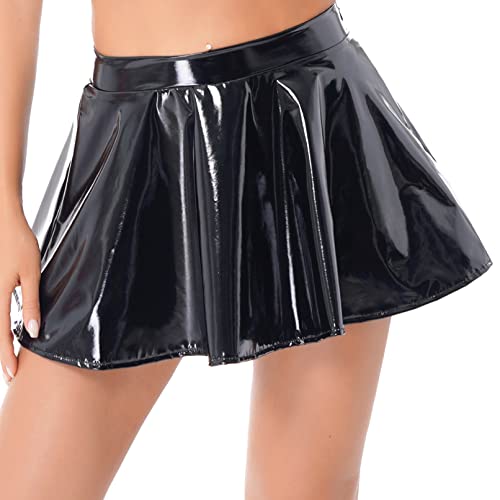 TiaoBug Damen Sexy Wetlook Rock High Waist Lack Leder Röcke Mini Glocken Skater Rock Glänzend Metallischer Faltenrock Clubwear Schwarz G 4XL von TiaoBug