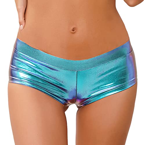 TiaoBug Damen Hot Pants Wetlook Shorts Hohe Taille Kurze Hose aus Lackleder Breiter Bund Gogo Tanz Outfits Sexy Clubwear Blau O M von TiaoBug