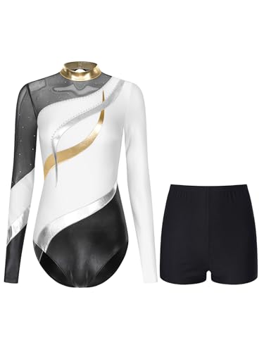 TiaoBug Damen Klassischer Gymnastikanzug Langarm Turnanzug Gestreift Mesh Spleiß Metallic Tanz-Body Ballett Trikot Eiskunstlauf Leotard mit Kurze Hose Leggings Weiß M von TiaoBug
