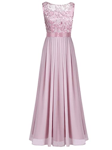 TiaoBug Elegant Chiffon Damen Kleider Lange Brautjungfer Blumenspitze Cocktailkleid Party Festlich Hochzeit Abendkleid Gr. 34-46 Altrosa 32 von TiaoBug