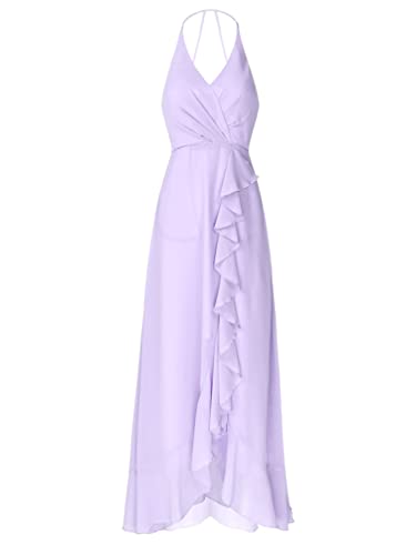 TiaoBug Damen Kleider festlich Hochzeits Brautjungferkleid Schulterfreies Cocktailkleid Chiffon Faltenrock Langes Abendkleid V-Ausschnitt Ärmellos Partykleid Lila Volants C 38-40 von TiaoBug