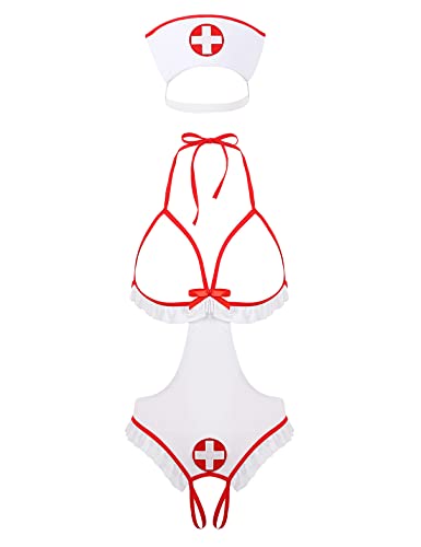 TiaoBug Damen Krankenschwester Kostüm Cosplay Uniformen Sexy Dessous Set aus Body/Kleid Erotische Reizwäsche Clubwear Weiß XXL von TiaoBug