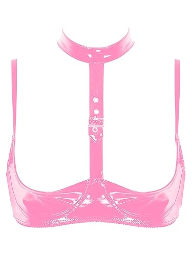 TiaoBug Damen Lack Leder BH Push up Bra Verstellbare träger Büste Hebe Top Unterhemd Erotik Dessous Unterwäsche in Glanz Schwarz Rosa Neckholder L von TiaoBug