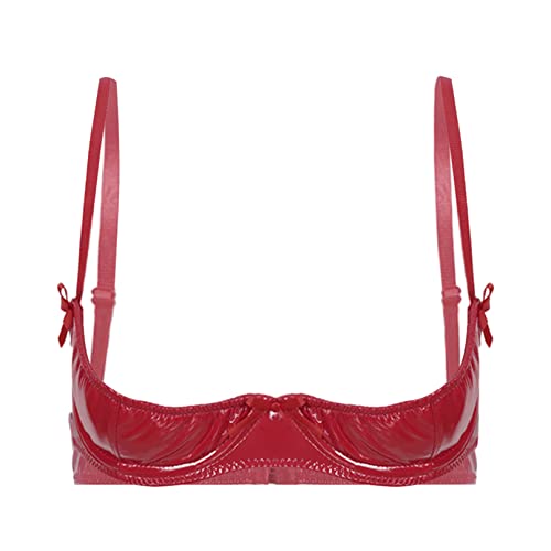 TiaoBug Damen Lack Leder BH Push up Bra Verstellbare träger Büste Hebe Top Unterhemd Erotik Dessous Unterwäsche in Glanz Schwarz Rot Bb M von TiaoBug