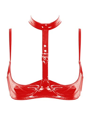 TiaoBug Damen Lack Leder BH Push up Bra Verstellbare träger Büste Hebe Top Unterhemd Erotik Dessous Unterwäsche in Glanz Schwarz Rot Neckholder M von TiaoBug