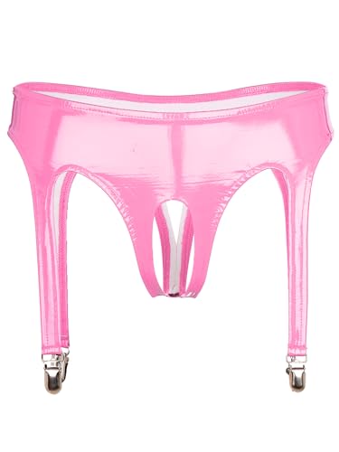 TiaoBug Damen Lack Leder Hot Pants High Waist Ouvert-Slip Bikini Hose Hipster Mini Slip mit Rüschen mit Strumpfhalter Gothic GoGo Outfits Kostüm Rosa A XL von TiaoBug