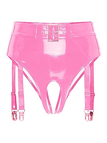 TiaoBug Damen Lack Leder Hot Pants High Waist Ouvert-Slip Bikini Hose Hipster Mini Slip mit Rüschen mit Strumpfhalter Gothic GoGo Outfits Kostüm Rosa Brasilien 3XL von TiaoBug