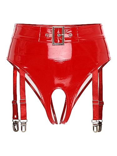 TiaoBug Damen Lack Leder Hot Pants High Waist Ouvert-Slip Bikini Hose Hipster Mini Slip mit Rüschen mit Strumpfhalter Gothic GoGo Outfits Kostüm Rot Brasilien M von TiaoBug