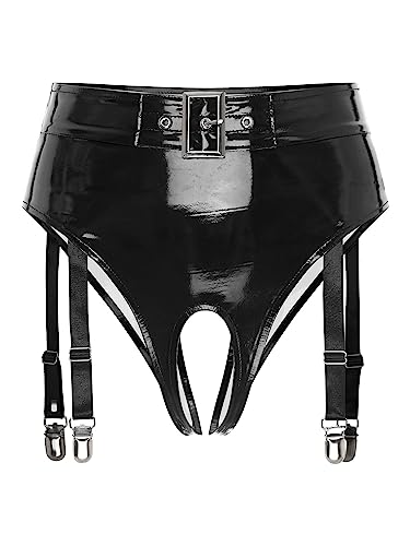 TiaoBug Damen Lack Leder Hot Pants High Waist Ouvert-Slip Bikini Hose Hipster Mini Slip mit Rüschen mit Strumpfhalter Gothic GoGo Outfits Kostüm Schwarz Brasilien L von TiaoBug