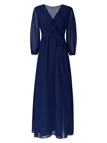 TiaoBug Damen Langarm Chiffon Kleid V-Ausschnitt Langes Brautjungfernkleid Festlich Abendkleider Cocktailkleider mit Schlitz Hochzeits Outfits Dunkelblau 40 von TiaoBug