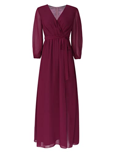 TiaoBug Damen Langarm Chiffon Kleid V-Ausschnitt Langes Brautjungfernkleid Festlich Abendkleider Cocktailkleider mit Schlitz Hochzeits Outfits Weinrot 50 von TiaoBug