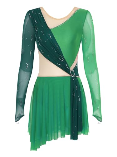TiaoBug Damen Langarm Eiskunstlauf Kleid Strass Eislaufen Rollschuh Kleid Asymerisches Ballettkleid Tanzkleid Gymnastik Turn Bekleidung gr.S-XXL Grün M von TiaoBug