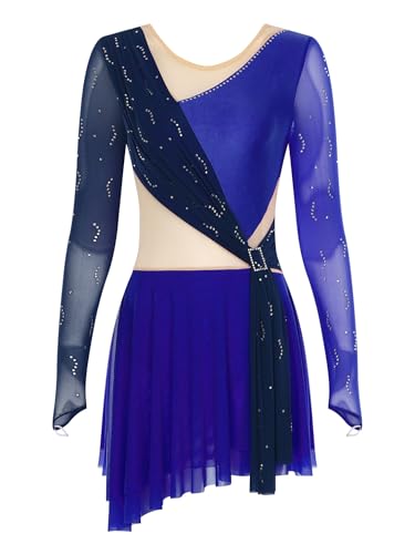TiaoBug Damen Langarm Eiskunstlauf Kleid Strass Eislaufen Rollschuh Kleid Asymerisches Ballettkleid Tanzkleid Gymnastik Turn Bekleidung gr.S-XXL Königsblau M von TiaoBug