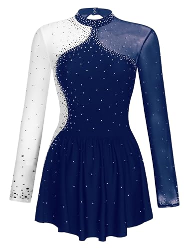 TiaoBug Damen Langarm Eiskunstlauf Kleider Mesh Spleiß Ballettkleid Tanzkleider Glitzer Strass Steine Gymnastikanzug Turnanzug mit Röckchen Navy blau C S von TiaoBug