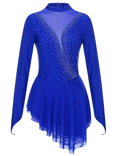 TiaoBug Damen Langarm Eiskunstlauf Kleider Mesh Spleiß Ballettkleid Tanzkleider Glitzer Strass Steine Gymnastikanzug Turnanzug mit Röckchen Royal Blau B S von TiaoBug