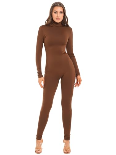 TiaoBug Damen Langarm Ganzkörperanzug Sexy Eng Catsuit Overall Jumpsuit Skinny Hose Einteiler Unterwäsche Workout Gym Outfits Braun Rollkragen M von TiaoBug