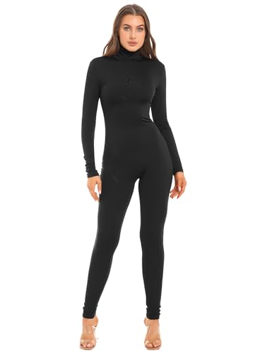 TiaoBug Damen Langarm Ganzkörperanzug Sexy Eng Catsuit Overall Jumpsuit Skinny Hose Einteiler Unterwäsche Workout Gym Outfits Schwarz Rollkragen L von TiaoBug