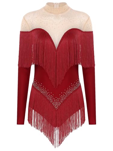TiaoBug Damen Langarm Gymnastikanzug Rollkragen Turnanzug Mesh Spleiß Tanz-Body Ballett Trikot mit Glitzer Fransen Eiskunstlauf Leotard Burgundy L von TiaoBug