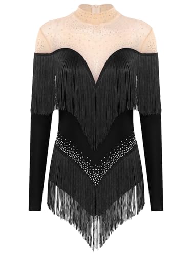 TiaoBug Damen Langarm Gymnastikanzug Rollkragen Turnanzug Mesh Spleiß Tanz-Body Ballett Trikot mit Glitzer Fransen Eiskunstlauf Leotard Schwarz M von TiaoBug