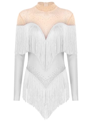 TiaoBug Damen Langarm Gymnastikanzug Rollkragen Turnanzug Mesh Spleiß Tanz-Body Ballett Trikot mit Glitzer Fransen Eiskunstlauf Leotard Weiß L von TiaoBug