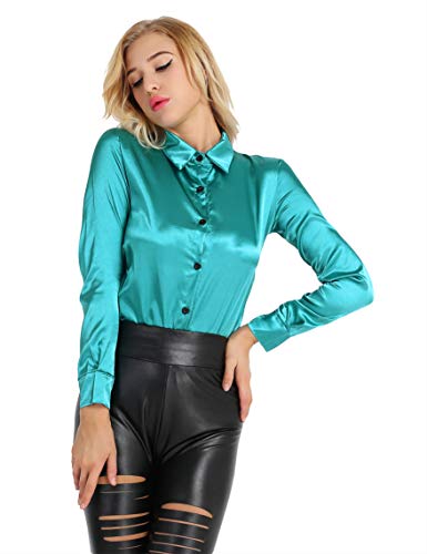 TiaoBug Damen Langarm Hemd mit Kentkragen Freizeit&Business Bluse Elegant Shirts Glanz Party Top Herbst Winter Unterhemd Grün Satin XXL von TiaoBug