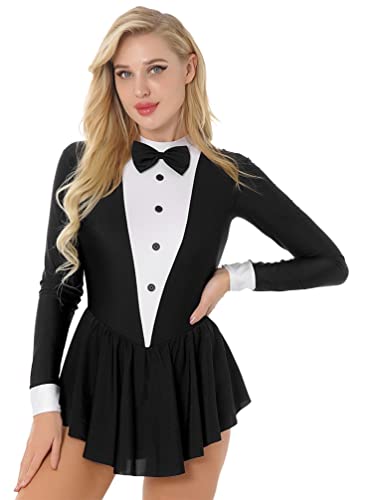 TiaoBug Damen Langarm Tanzkleid Anzug Sakko Smoking Oberteil und Mini Röckchen Innenslip Eiskunstlauf Kleider Tanzkostüm Schwarz L von TiaoBug