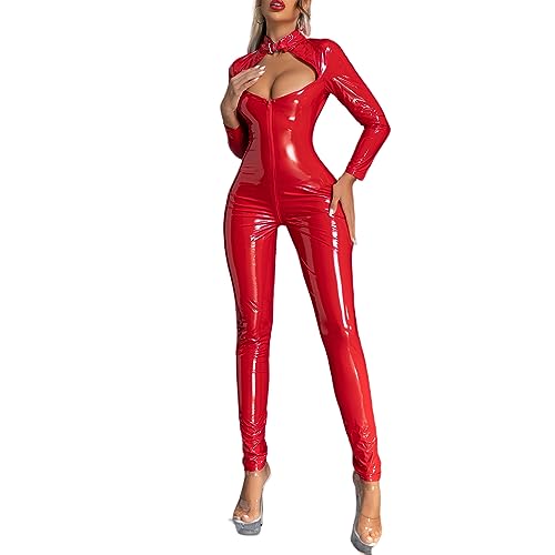 TiaoBug Damen Leder Ouvert Catsuit Wetlook Bodysuit ärmellos Jumpsuit Overalls mit 2-Wege-Reißverschluß glänzend Ganzkörperanzug Clubwear Rot J L von TiaoBug