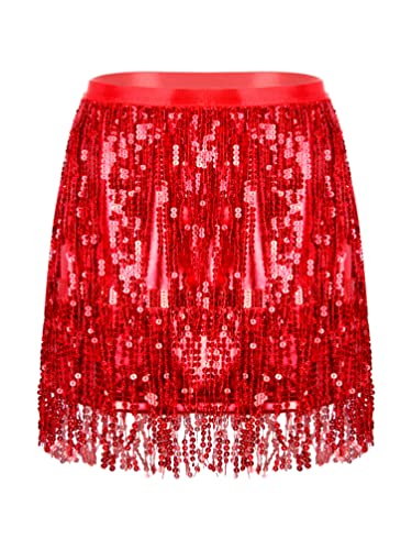 TiaoBug Damen Mädchen Pailletten Rock Tanzrock Kurz Hosenrock elastischer Bund A-Linie glitzernd Ballett Tutu Tanzkleid Kostüm Rot A L von TiaoBug