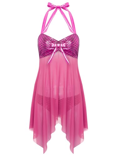 TiaoBug Damen Meerjungfrau Badeanzug Neckholder Bikini Fischschuppen Tankini Set Metallic BH Bra mit Asymrischem Rock Low Rise Bikinihose Badebekleidung Hot Pink 4XL von TiaoBug