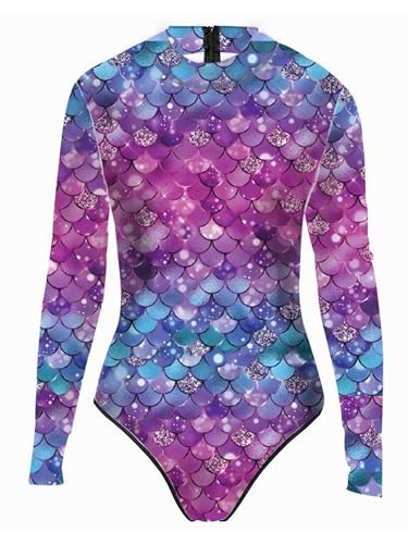 TiaoBug Damen Meerjungfrau Badeanzug Wetlook Bademode Fisch Schuppen Print Langarm Body Tops Sexy Jumpsuit Overalls Einteiler Reizwäsche Blau Lila M M von TiaoBug