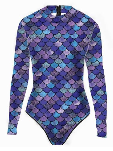 TiaoBug Damen Meerjungfrau Badeanzug Wetlook Bademode Fisch Schuppen Print Langarm Body Tops Sexy Jumpsuit Overalls Einteiler Reizwäsche Blau M L von TiaoBug