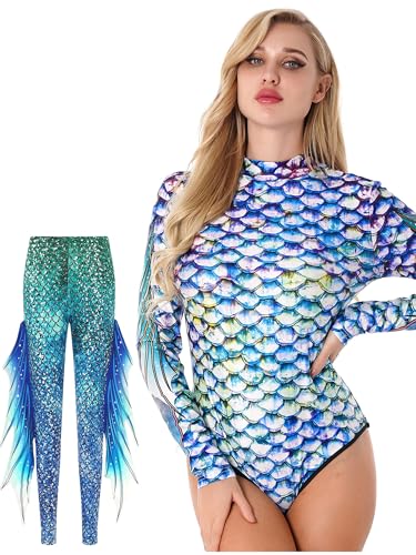 TiaoBug Damen Meerjungfrau Badeanzug Wetlook Bademode Fisch Schuppen Print Langarm Body Tops Sexy Jumpsuit Overalls Einteiler Reizwäsche Bunt L L von TiaoBug