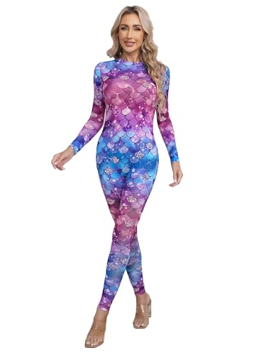 TiaoBug Damen Meerjungfrau Badeanzug Wetlook Bademode Fisch Schuppen Print Langarm Body Tops Sexy Jumpsuit Overalls Einteiler Reizwäsche Typ E S von TiaoBug