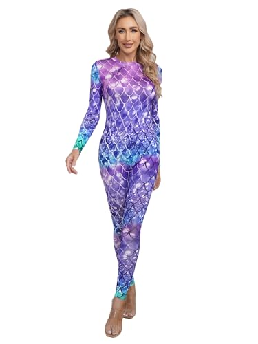 TiaoBug Damen Meerjungfrau Badeanzug Wetlook Bademode Fisch Schuppen Print Langarm Body Tops Sexy Jumpsuit Overalls Einteiler Reizwäsche Typ F M von TiaoBug