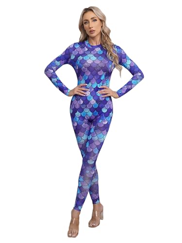 TiaoBug Damen Meerjungfrau Badeanzug Wetlook Bademode Fisch Schuppen Print Langarm Body Tops Sexy Jumpsuit Overalls Einteiler Reizwäsche Typ G M von TiaoBug