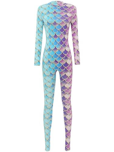 TiaoBug Damen Meerjungfrau Badeanzug Wetlook Bademode Fisch Schuppen Print Langarm Body Tops Sexy Jumpsuit Overalls Einteiler Reizwäsche Typ H L von TiaoBug