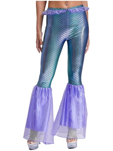 TiaoBug Damen Meerjungfrau Leggings Glänzend Hose Bootcut Pants mit Tüll Hosenbeine Fischschuppen Druck Schlaghose Faschingskostüm Karneval Verkleidung Blau M von TiaoBug